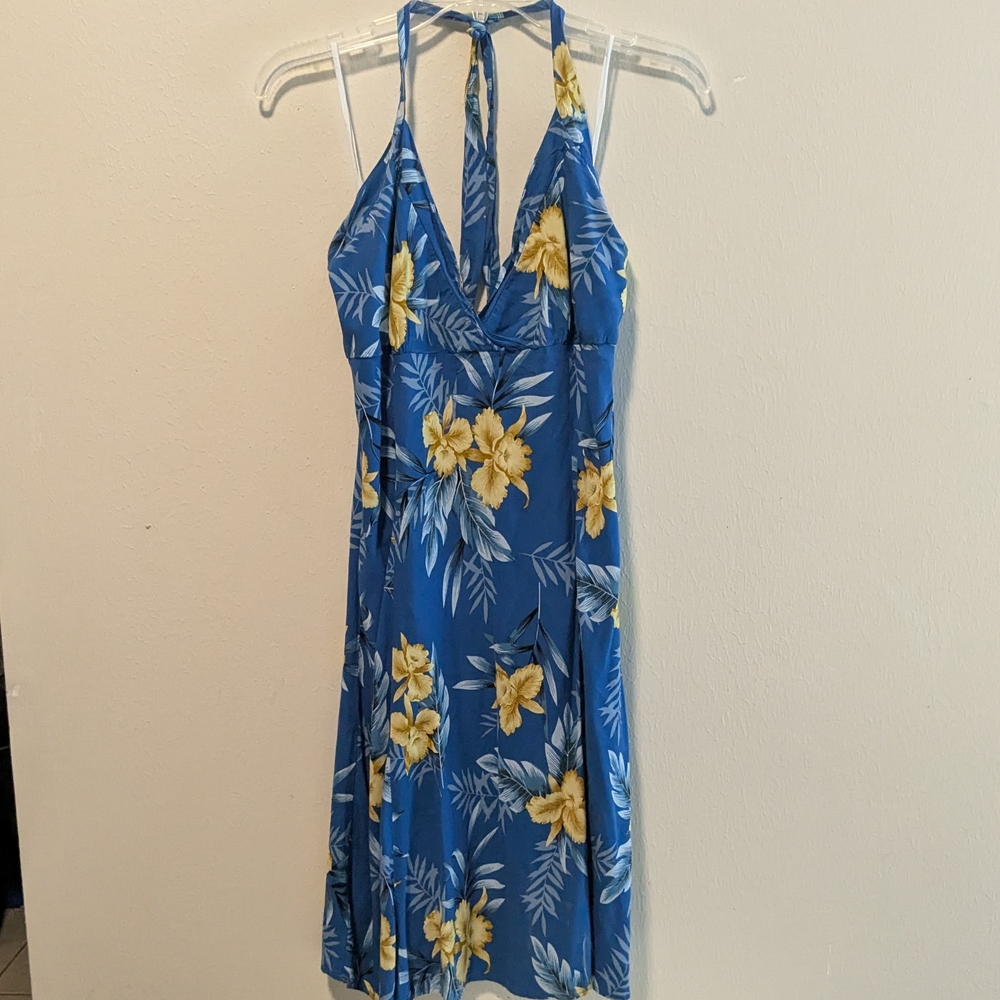 Two Palms Hawaiian Halter Tie Dress Floral Hibiscus Blue Yellow Sz L Vintage